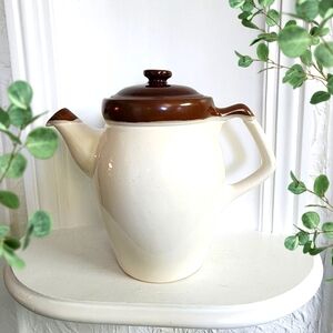 Vintage Beige & Brown Stoneware Coffee Pot Tall Teapot, rare find